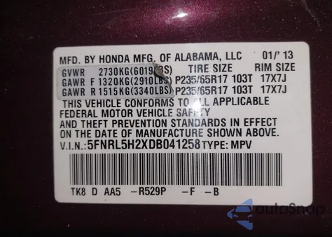 2013 Honda Odyssey Lx z USA, uszkodzony, nr VIN 5FNRL5H2XDB041258